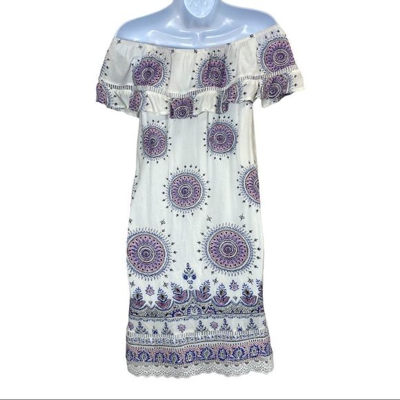 listicle White Medallion Print Off Shoulder Mini Dress Small - Picture 4 of 6